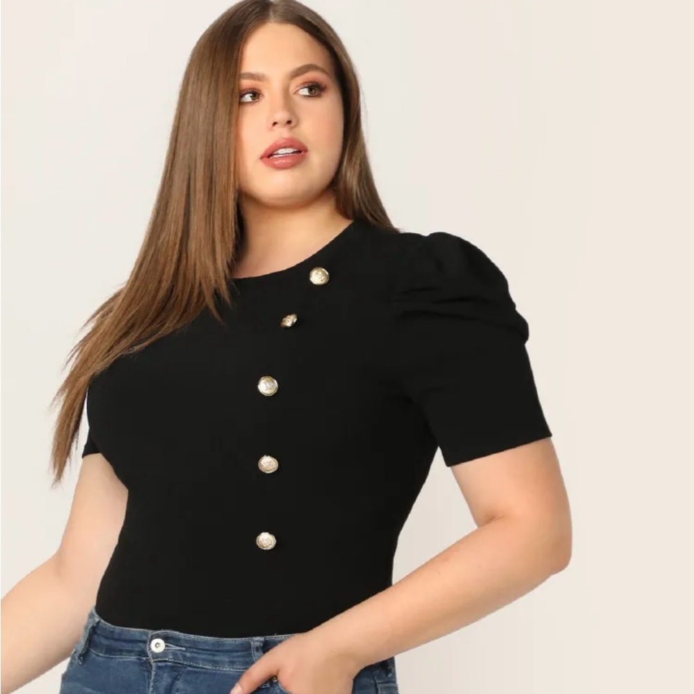 Pre Loved Black SHEIN Privé Plus Gold Button Detail Puff Sleeve Top Size 2XL(16)